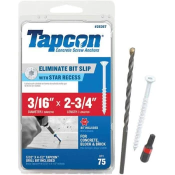 Tapcon 3/16" X 2-3/4" Wh Star Flat-Head Cncrt Anchors Package Of 75